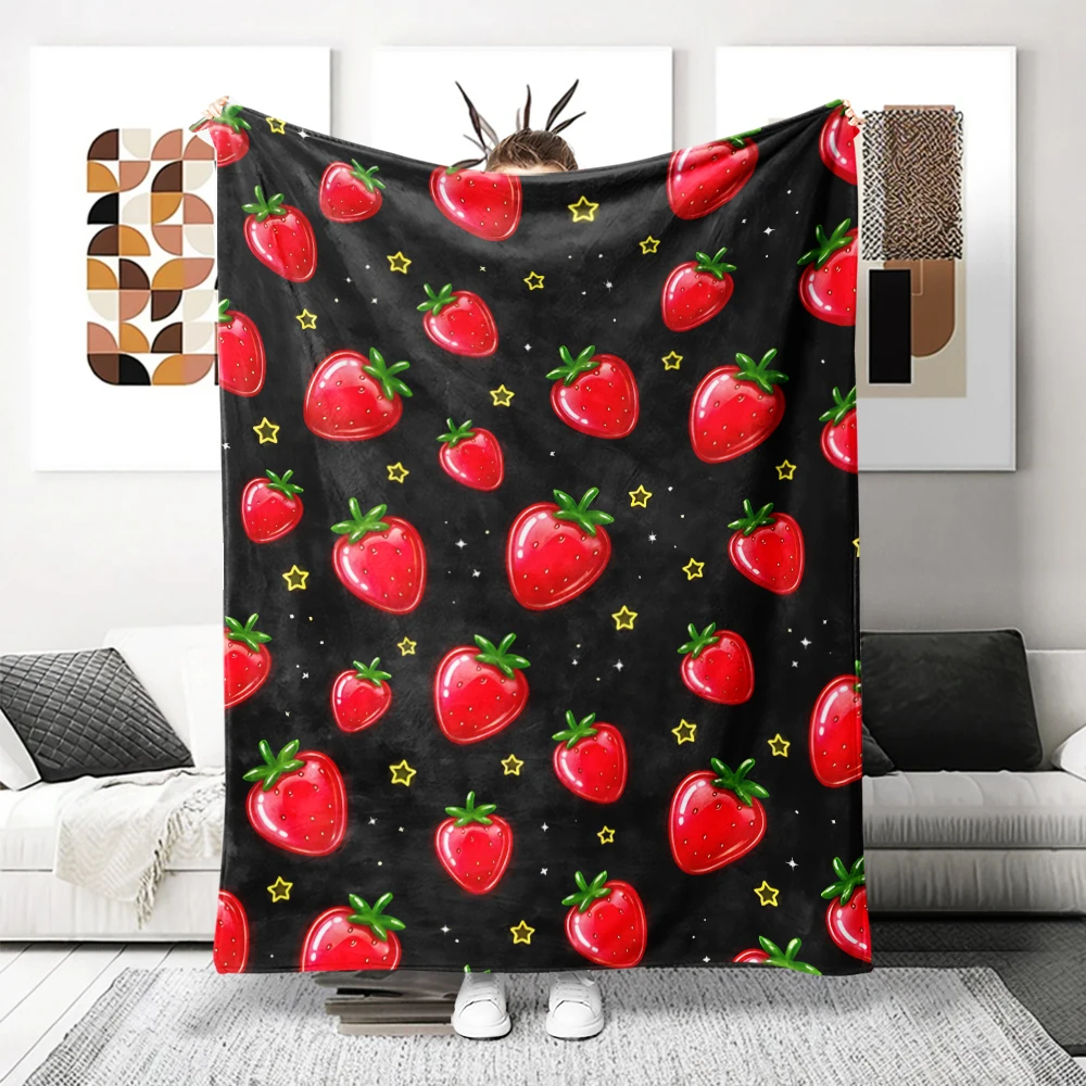 Black Strawberries Stars Flannel Fleece Throw Blanket for Couch Sofa Lightweight Cozy Plush Blanket for Travel Office Nap