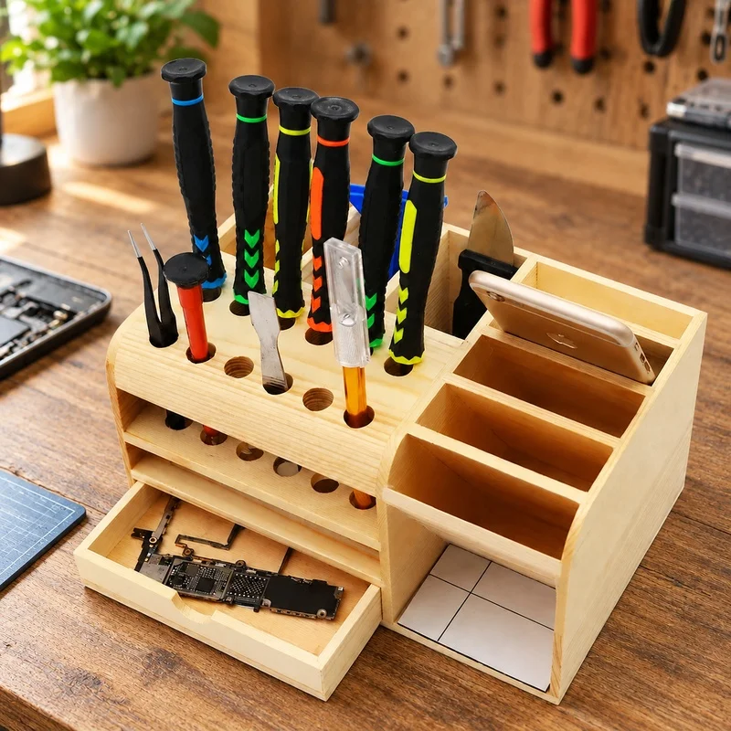 Multi-Section Wooden Tray for Mobile Repair Tools Including Slots for Screwdrivers, Pliers, Tweezers, and Small Parts Storage
