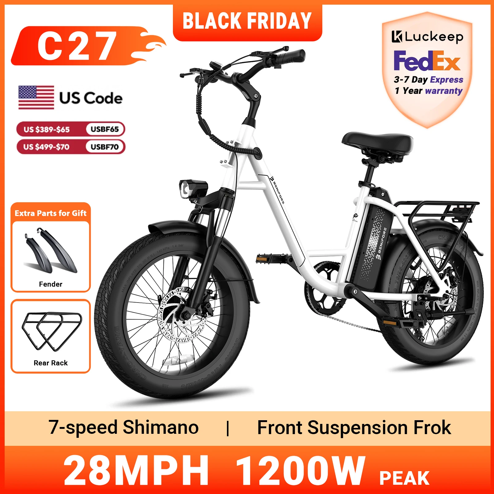 

Luckeep C27 Electric Bike for Adults 750W Peak, 28MPH Removable 624WH Battery Ebikes, 20" Fat Tire E-Bikes for Adults