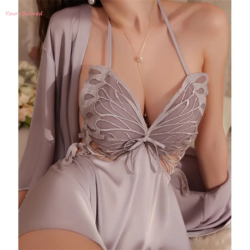 Femme Purple Satin Spaghetti Strap Nightgown Butterfly Lace Nightdress Sexy Chemise De Nuits Lingerie Women Backless Sleepwear