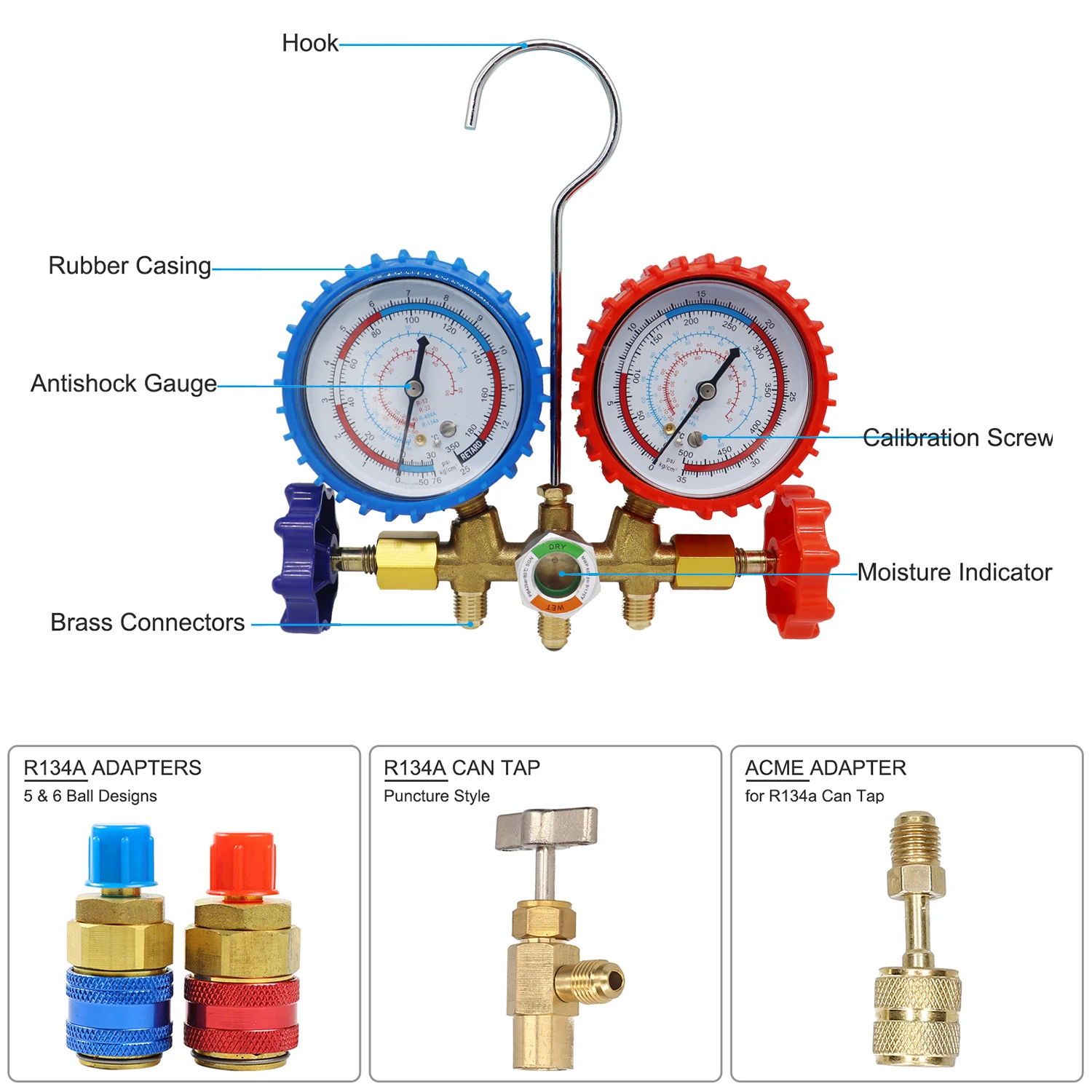 3 Way AC Manifold Gauge Set with Hoses Couplers & Adapter Refrigerant AC Gauges Automotive AC Gauge Set for R12 R22 R404A R134A