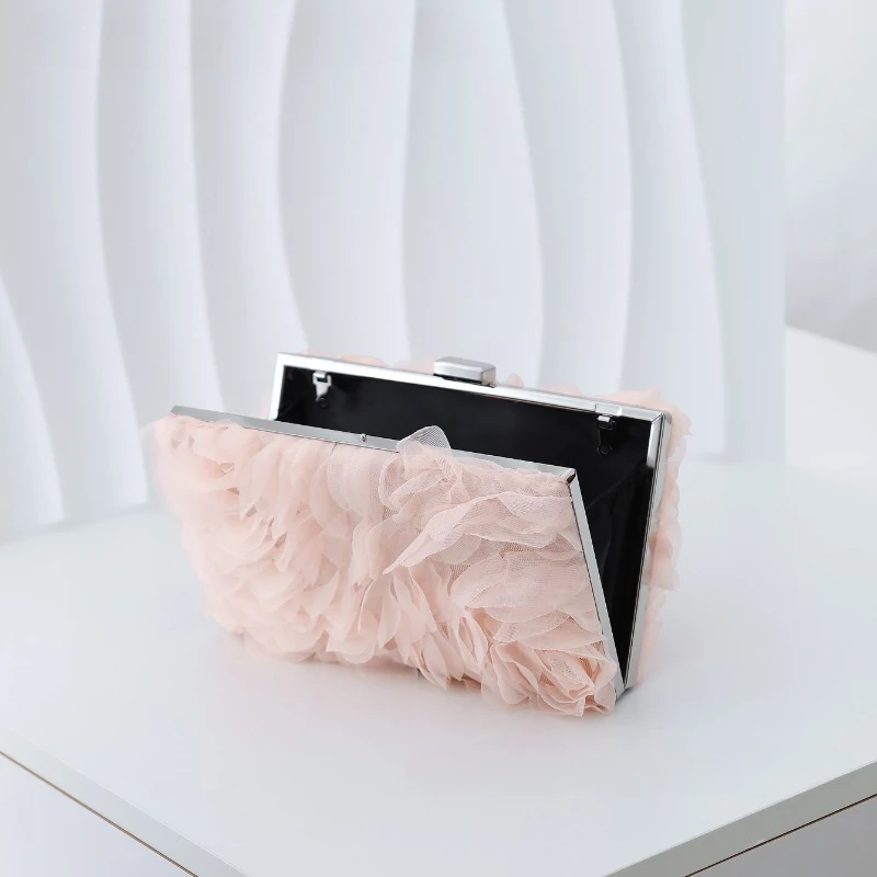 Pink 3D Rose Tulle Evening Bag Floral Mesh Petal Hard Case Bridal Wedding Clutch Cocktail Party Square Purse Detachable Strap view 6