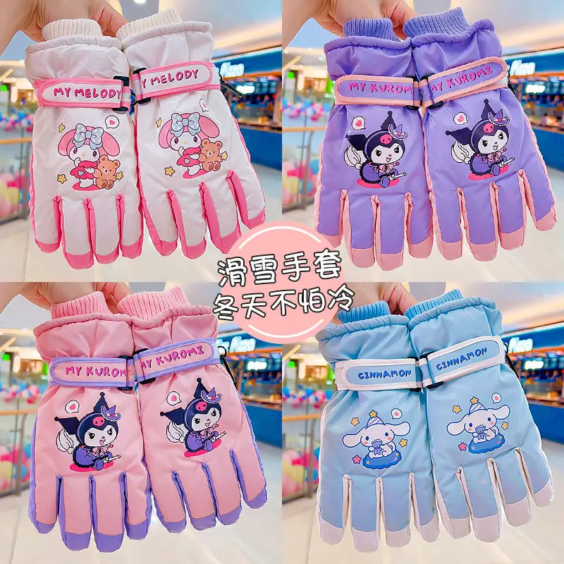 Sanrioed Kuromi My Melody Cinnamoroll Children's and Girls' Skiing Gloves for Winter Warmth Playing with Snow Waterproof Gloves