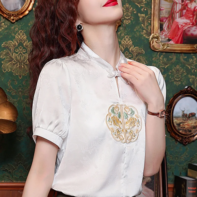 قميص نسائي جمالي فضفاض على الطراز الصيني ، أحادي اللون ، مطبوع ، رقبة على شكل V ، قمم بأكمام قصيرة ، كاجوال ، سيدة ، صيف ، جديد ، مكتب