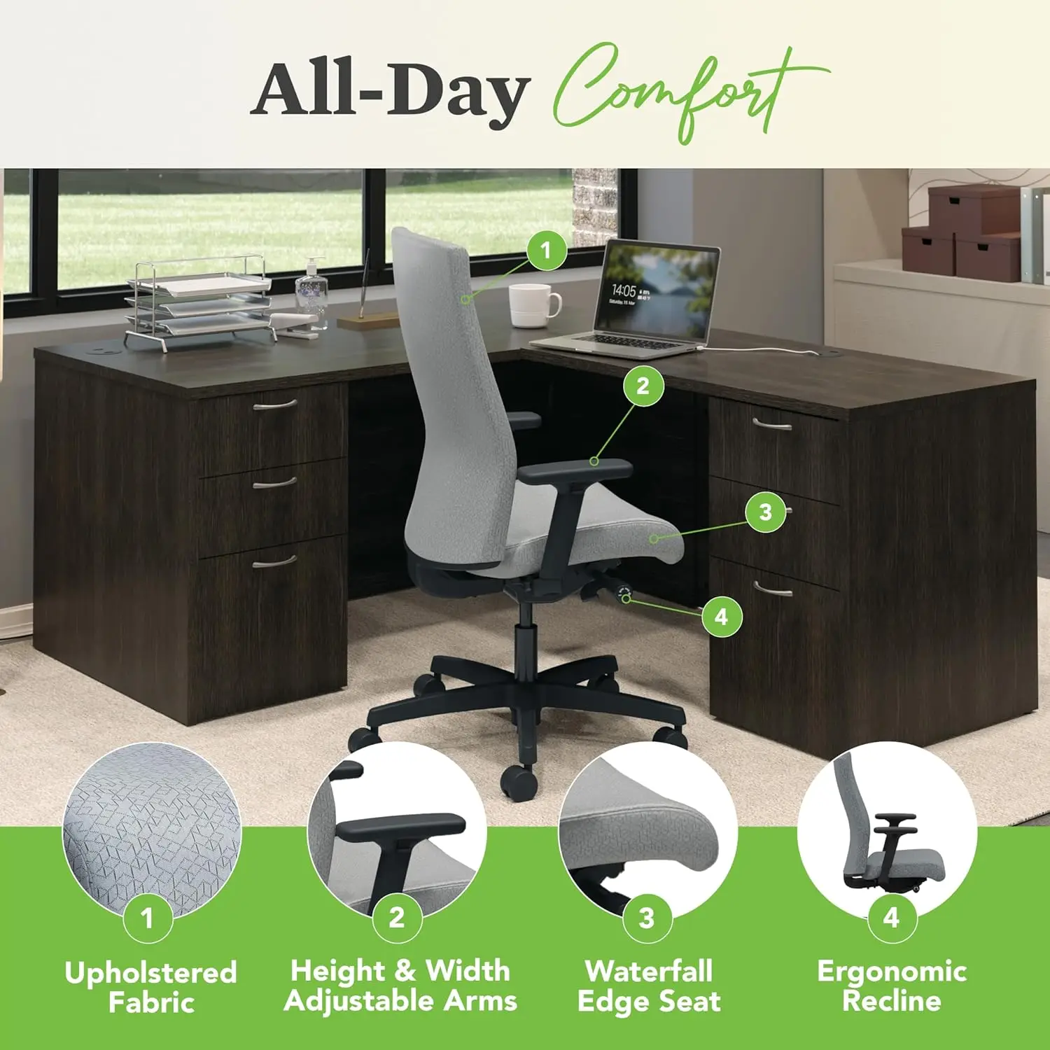 Office Chair - Upholstered Desk Chair with Wheels and Arms Adjustable Office Chair - Synchro-Tilt Recline Executive Ergonomic