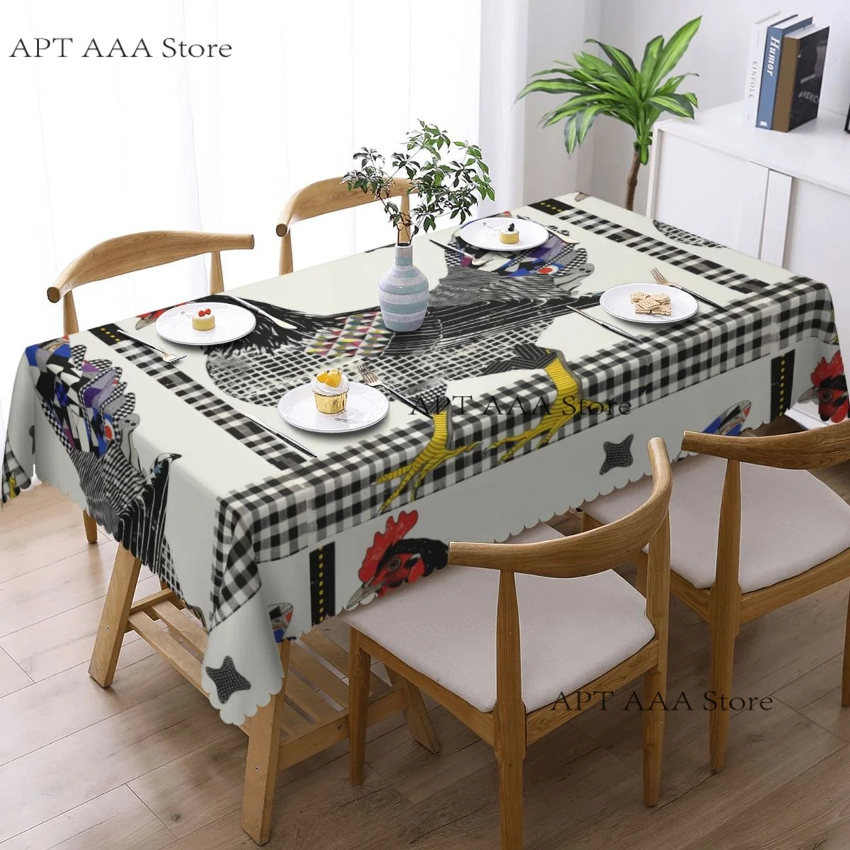 Rectangular Waterproof Oil-Proof Rooster Black White Checkered Background Tablecloth Table Fit Bohemian Geometric Table Cloth