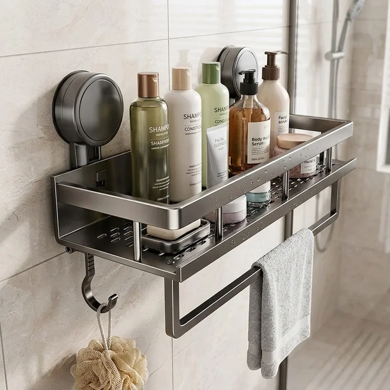 No Drill Bathroom Shelf with Suction Cup, Space Aluminum Wall Mounted Toilet Storage Rack, Hanging Bathroom Organizer