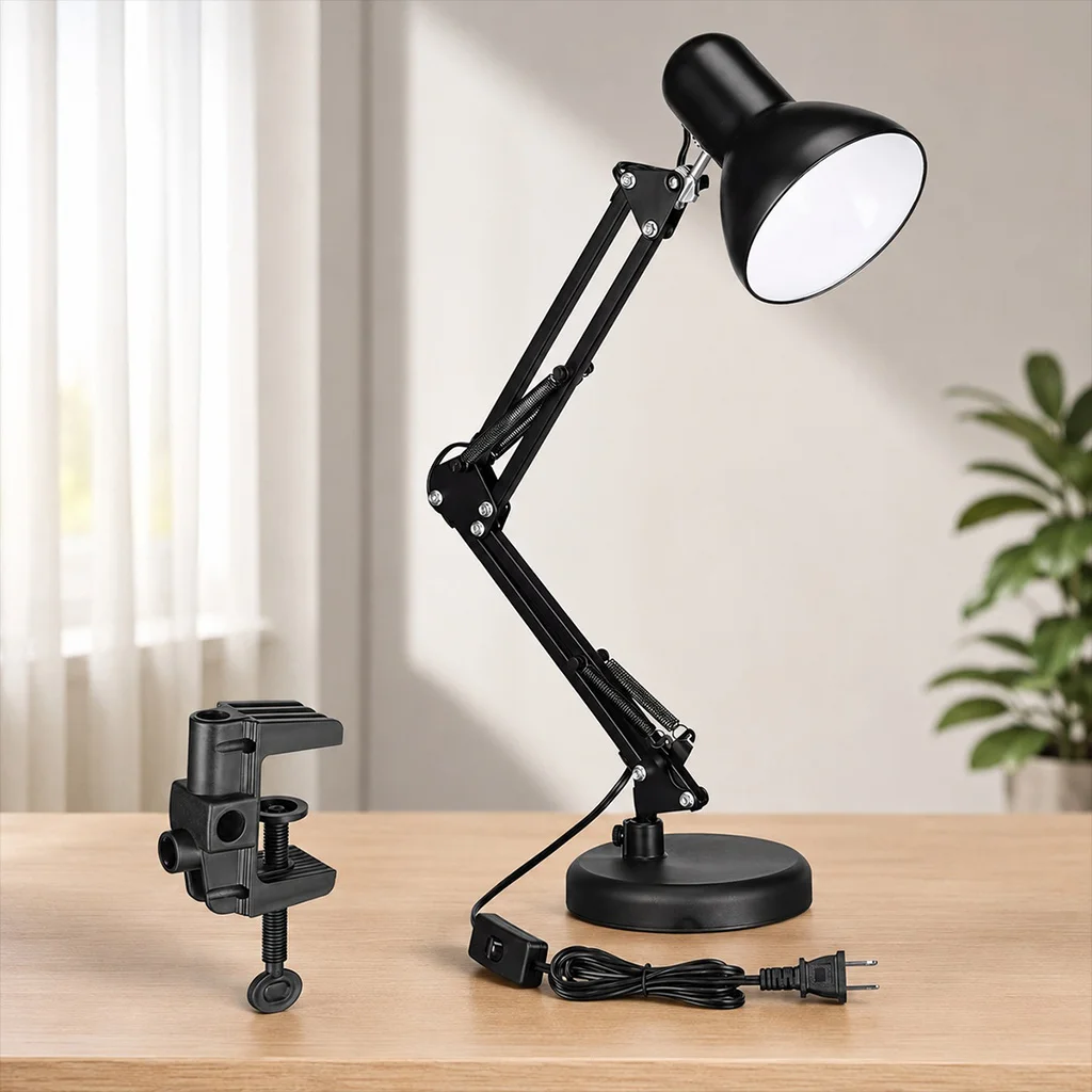 Clamp-on Metal Desk Lamp Adjustable Swing Arm On/Off Rocker Switch Vertical Horizontal Mount Secure Base Lock for Bedroom Office
