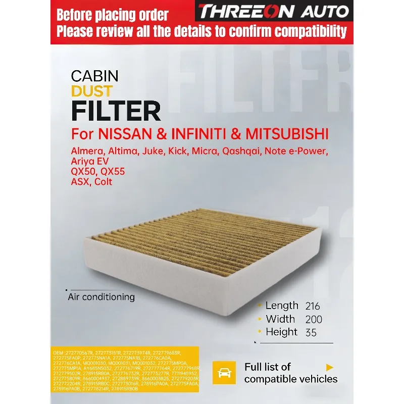 

THREEON Cabin Air Filter Fits Nissan Almera Juke Kicks Micra 2016-2024 For INFINITI QX50 QX55 2.0, Mitsubishi ASX, COLT TOC2190P