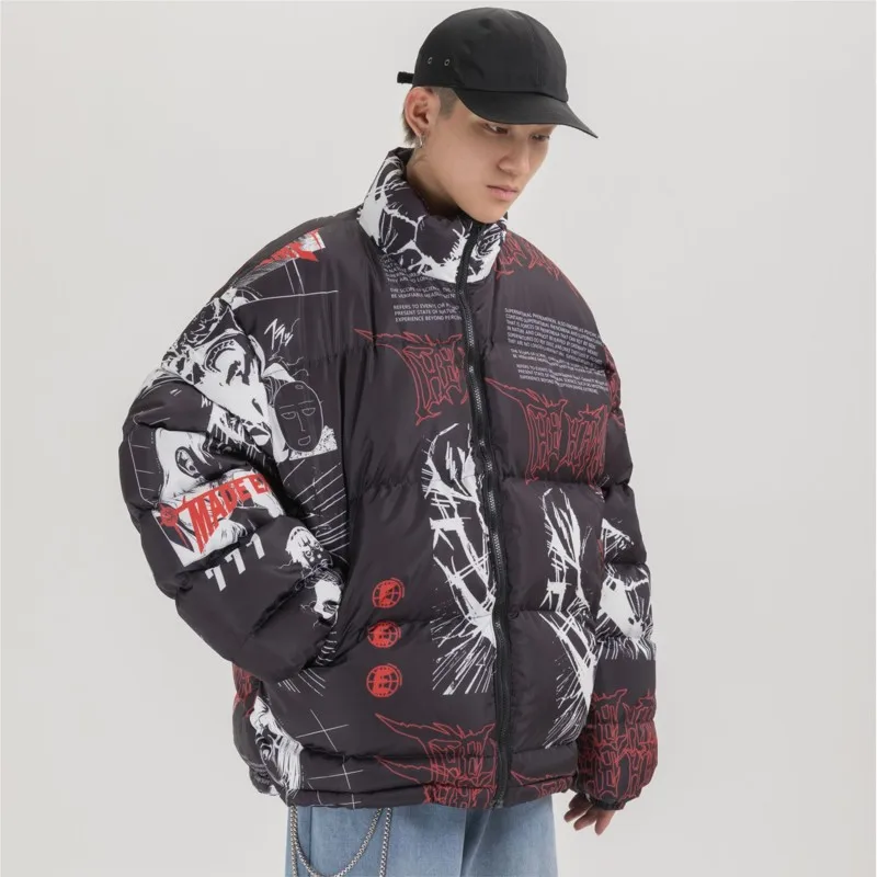 

Y2K Anime Printed Streetwear Men's Jacket, Hip Hop Men's Winter Puffer Coat, Oversized Black Bubble Parkas