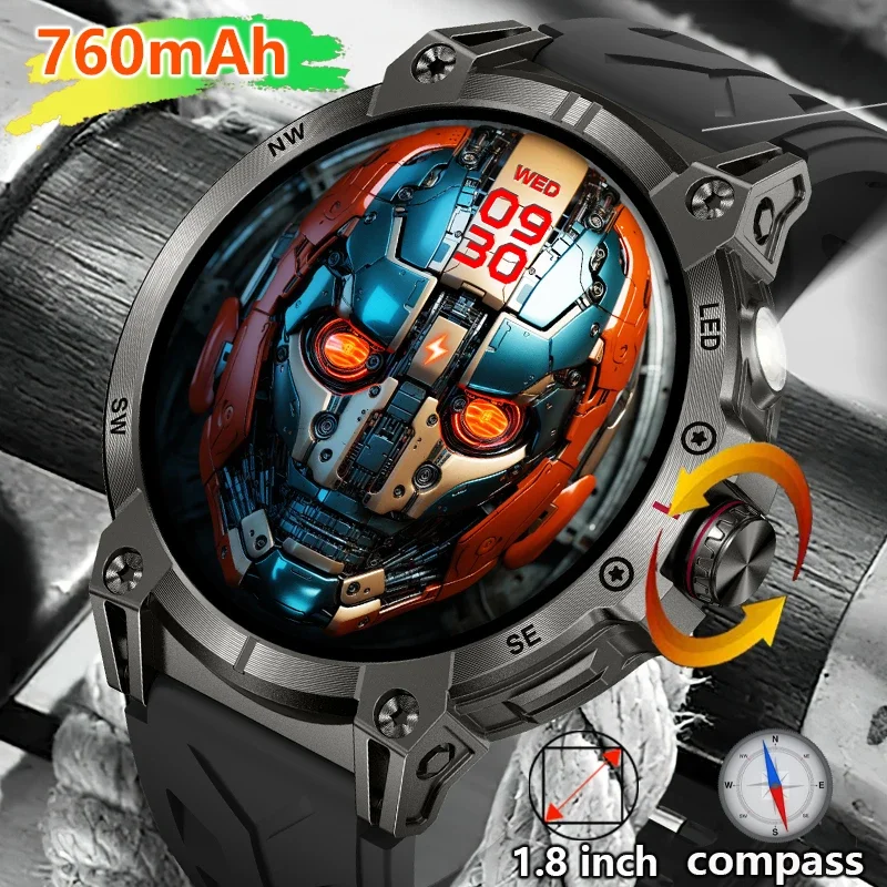 

LIGE Military Smart Watch Men LED Flashlight Compass GPS Track 1.8"HD Display Heart rate Waterproof Bluetooth Calling Smartwatch