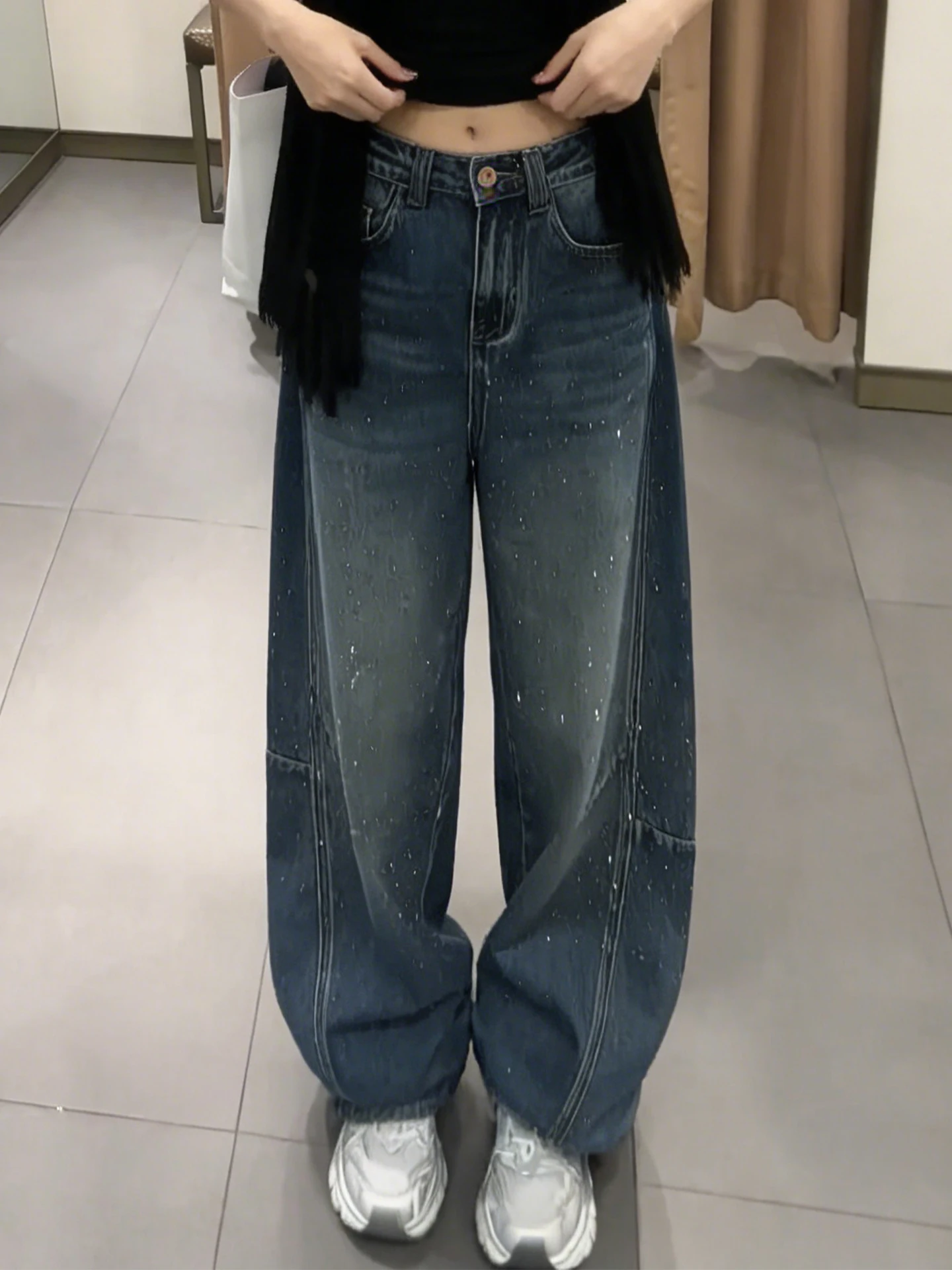 

High Waist Wide Leg Jeans Women's Loose Fit Slimming Denim Pants Spring Autumn 2026 New Style Vintage Knife Rhinestone