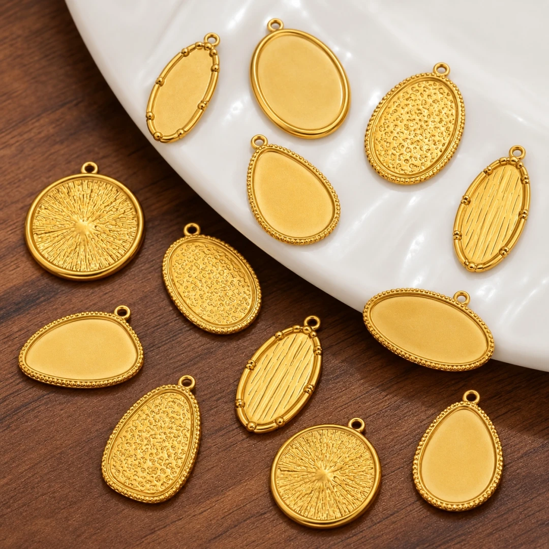 5pcs 18K Stainless Steel Oval Frames Blank Bezel DIY Earrings Geometric Heart Pendant Base Tray Charm Necklace Jewelry Making