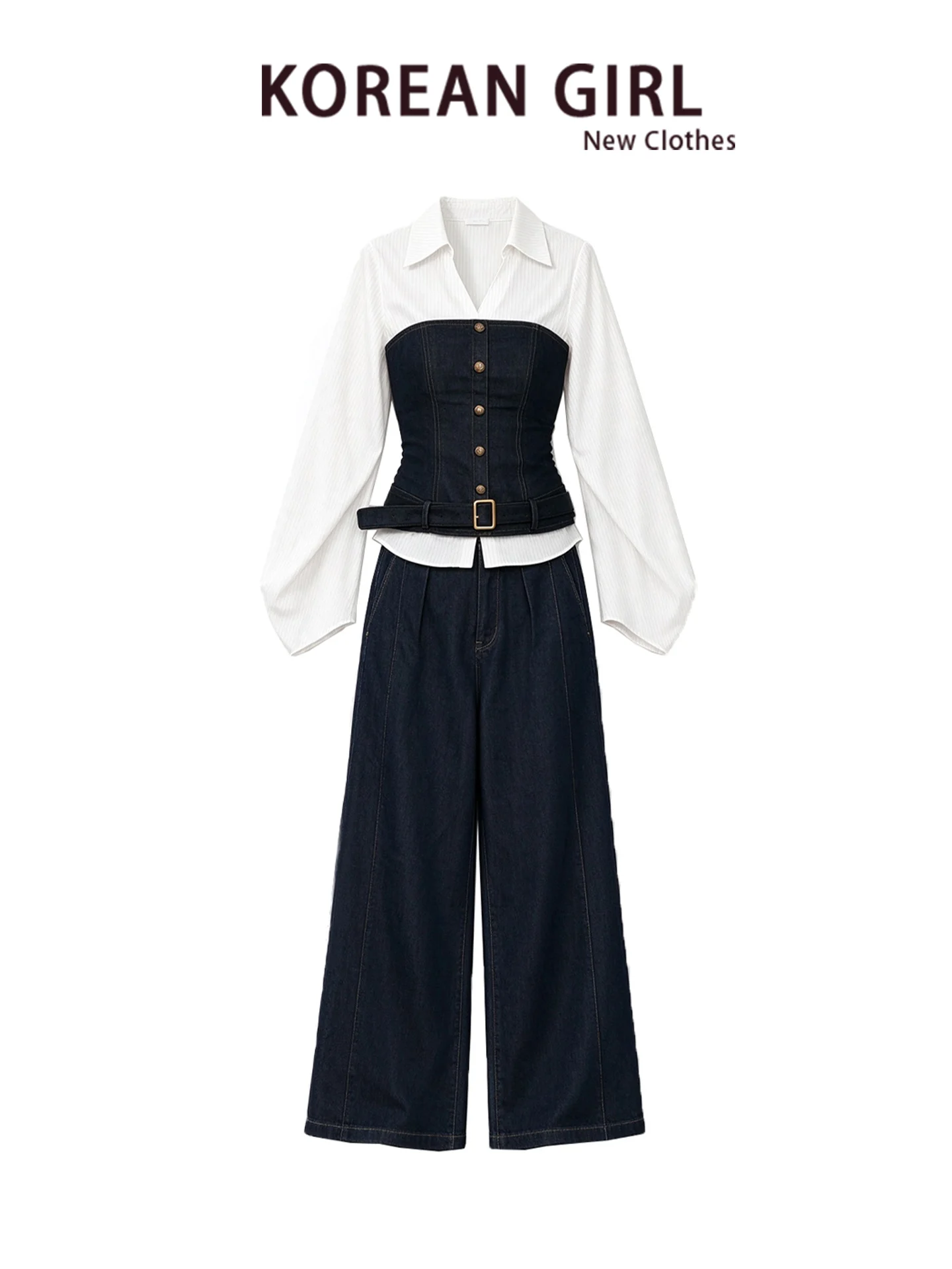 Korean Style Denim Tube Top Shirt Casual High Waist Wide Leg Pants Women's Autumn High-End Feeling Complete Matching Set