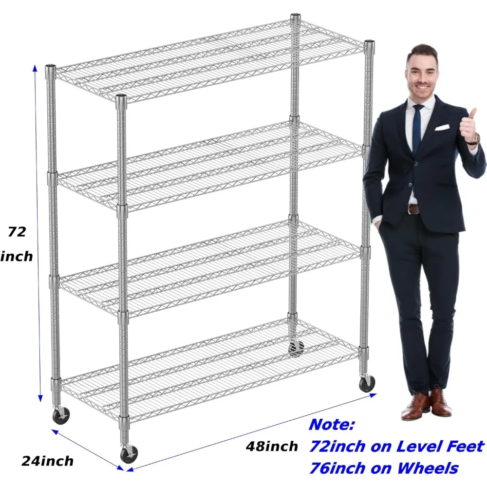 Étagères métalliques robustes pour le rangement, supports et étagères de rangement à 4 niveaux, étagère commerciale réglable en fil métallique sur roulettes