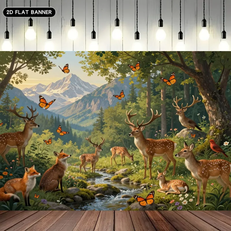 2D Flat 1pc Suitable For Wedding Deer & Fox Forest Wall Tapestry - Mountain Stream Backdrop With Sika Deer Fox Butterfly & Bird