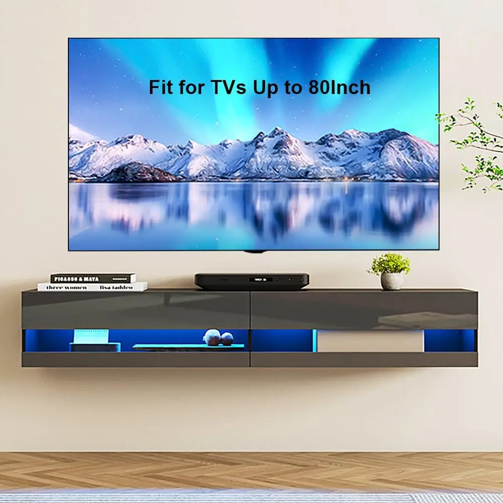 Support de télévision mural flottant avec lumières LED, centre de divertissement flottant moderne pour TV 80 pouces, étagère TV flottante à haute brillance