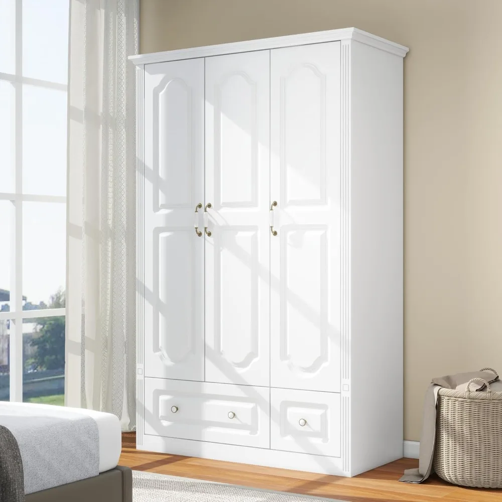 White Wardrobe Closet with 3 Doors: Bedroom Armoire Wardrobe Closet with 3 Drawers, Wardrobe Cabinet for Hanging Clothes