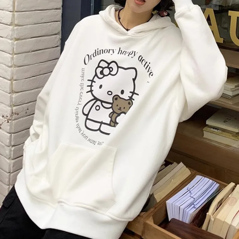 New Sanrio Hello Kitty Black Washed Distressed Printed Hoodies Y2k Spring Autumn Cute Trendy Loose Pullovers Long Sleeve Top