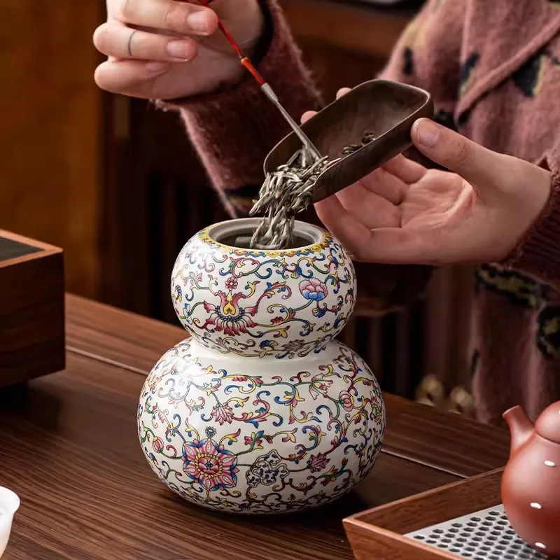 LMM,Ru kiln twisted lotus tea can ceramic sealed can Fulu gourd can large storage tank 5