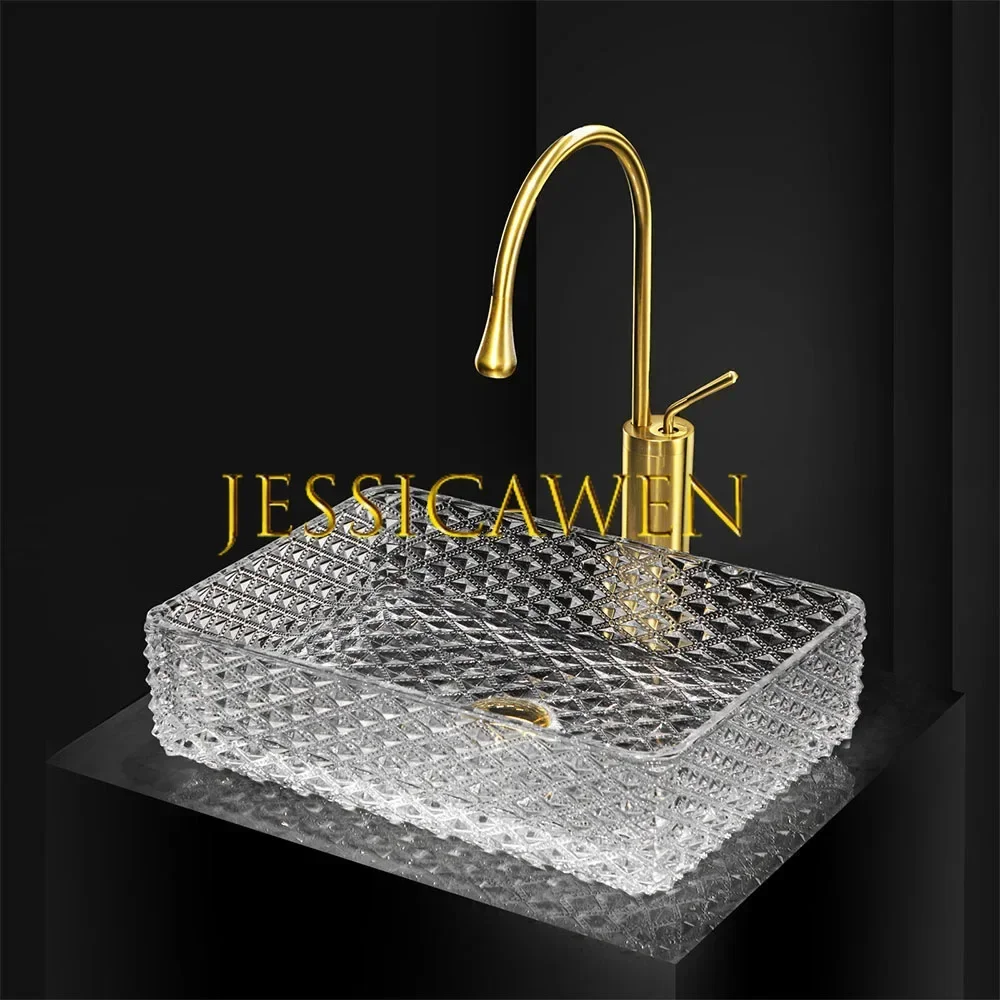 430*320*115mm Bathroom Sink Light Luxury Transparent Die-cast Crystal Glass Washbasin Diamond Lattice Vessel Sink with Faucet