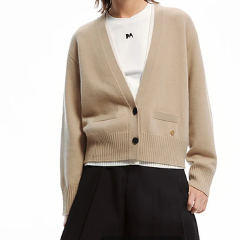 

Women Autumn Solid Color Sweater V-neck High-Waist Button Pocket Cardigan for Women Knit Cropped Long Sleeves Jacket for Lady