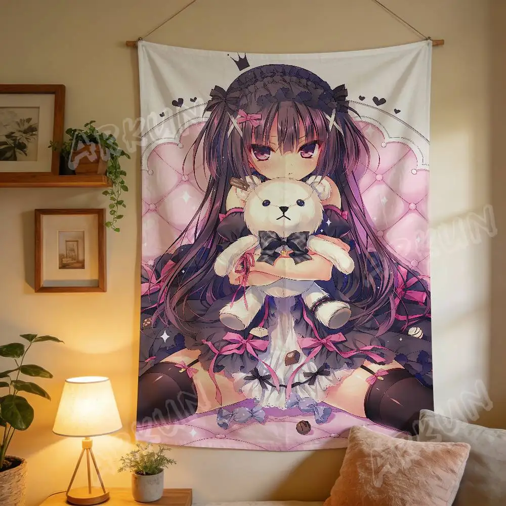 Gothic Lolita Anime Girl Tapestry, Dark Pink Tone Maiden Holding Teddy Bear Plush Doll Wall Hanging Decor