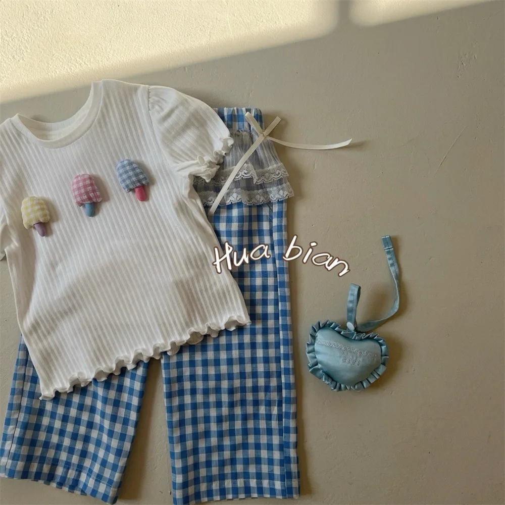 Children's Clothing Summer New Girl Baby Ice Cream Slim T-shirt Cotton Lace Plaid Pants Set Casual Fashion  Baby