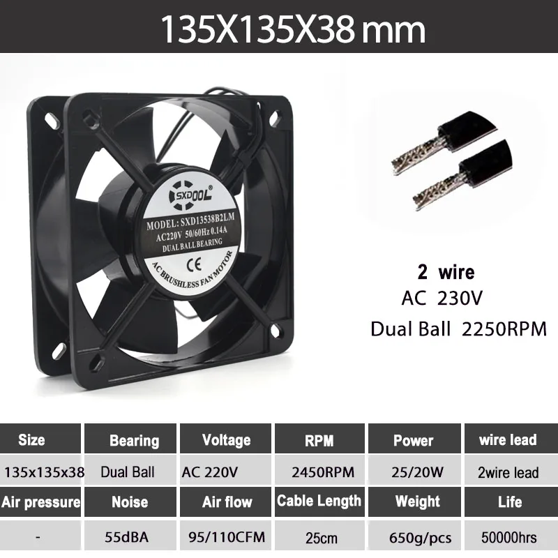 

135mm Cabinets Cooling Case Fan AC 230V 135x135x38mm Dual Ball Bearing AC 220V 240V Computer Case Cooling Fan