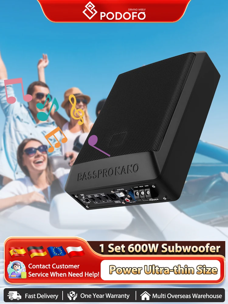 Podofo 600W Autolautsprecher Aktiver Subwoofer Auto unter dem Sitz Slim Sub Woofer AMP Super Bass Autoverstärker Subwoofer
