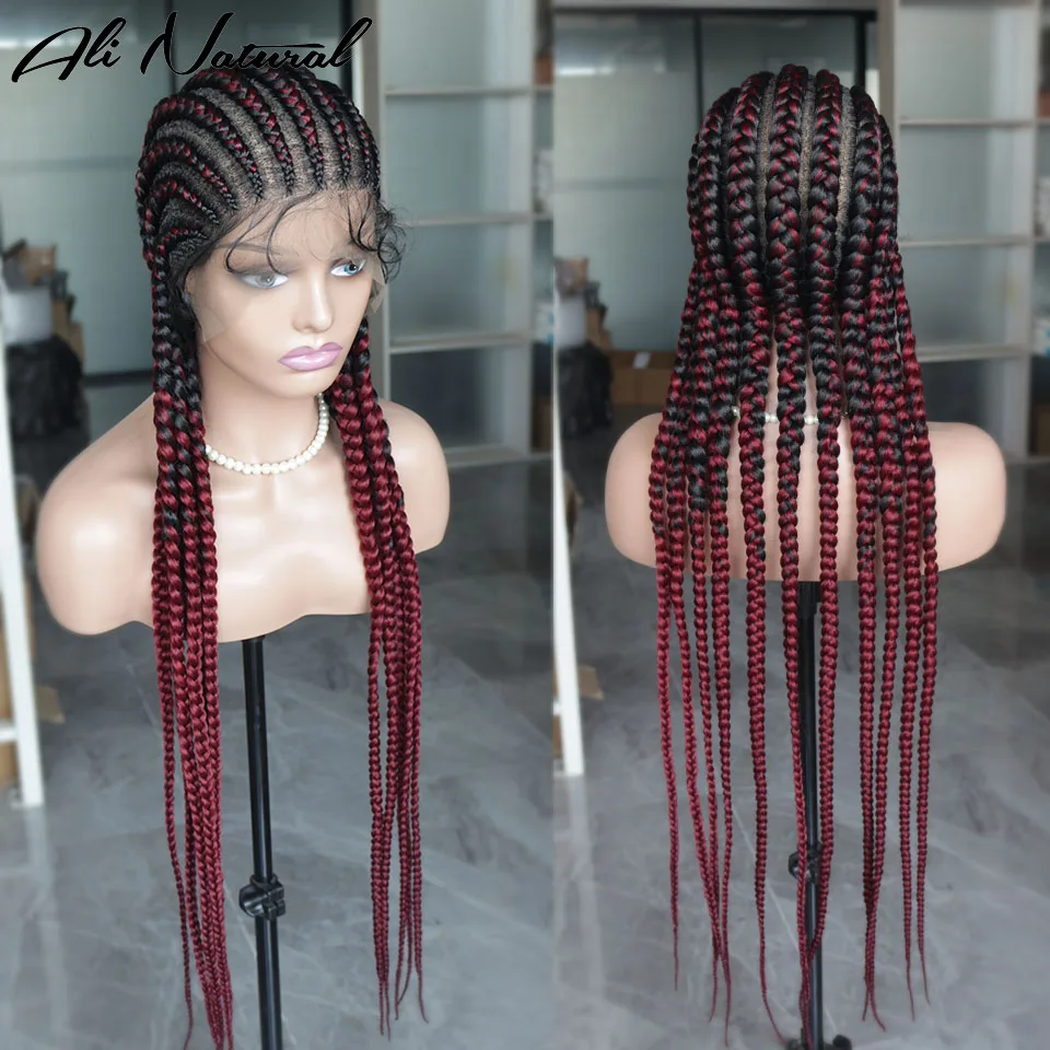 

Full Lace Front Knotless Box Braided Wigs With Baby Hair Ombre Color Super Long Synthetic 11 Braids Lace Wig For Black Women