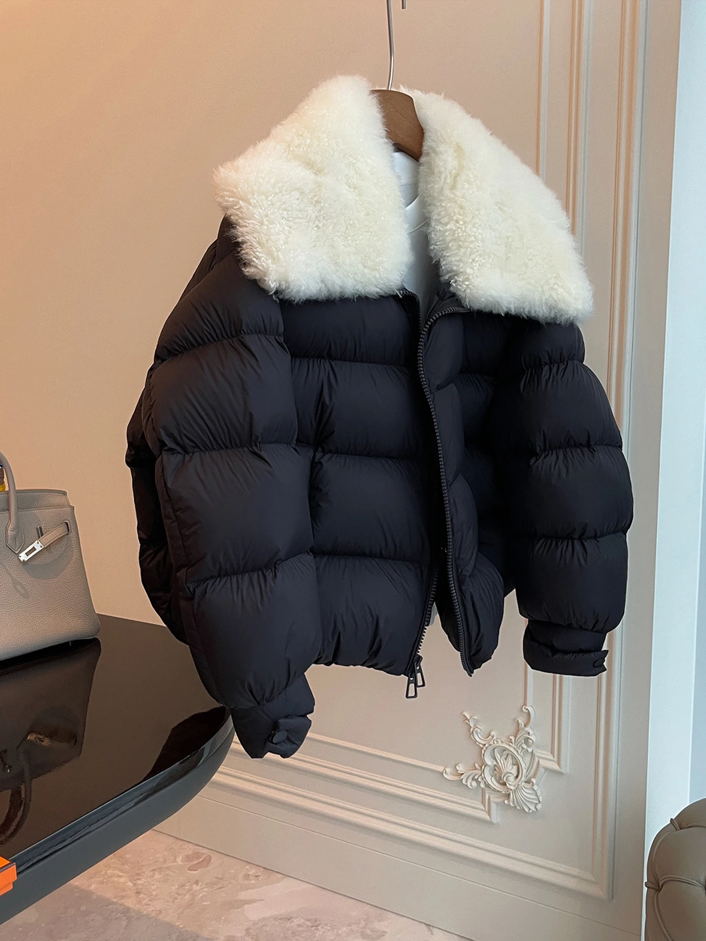 Black Duck down Puffer Jacket Women's Thick Warm Short Winter Coat Bread Style Fur Collar Commute Style Loose Fit Long Sleeve