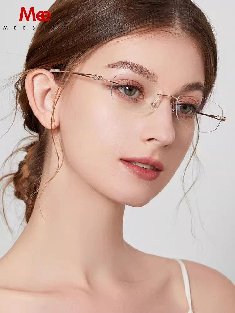 Meeshow Brand Gold Ultra Light Titanium Rimless Glasses Women Large Face Myopia Blue Light Blocking Prescription Eyeglasses