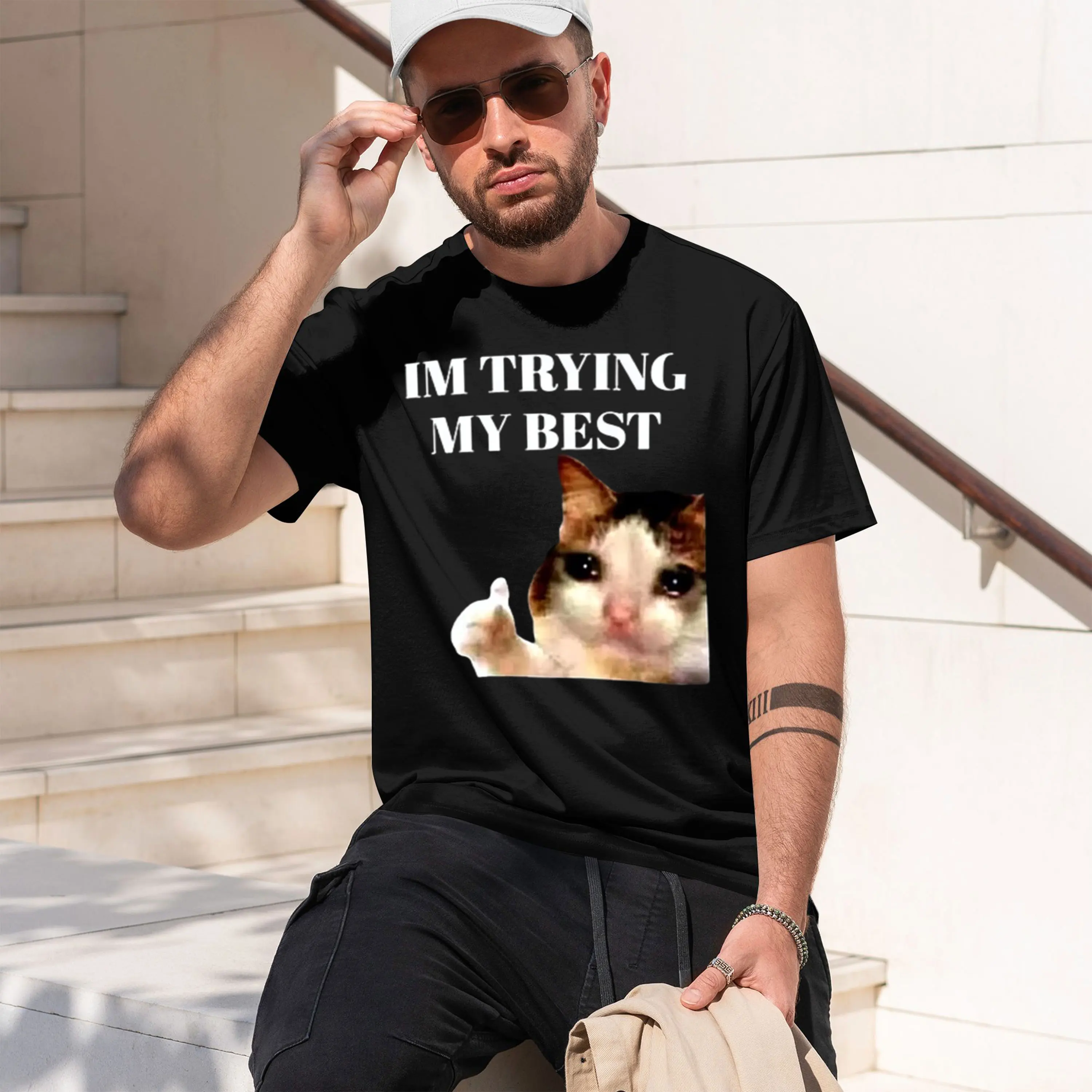Thumbs Up Crying I'm Trying My Best Funny Tee Casual Short Sve T-Shirt Streetwear Harajuku Mens Clothes s 2026 New Model Short-s