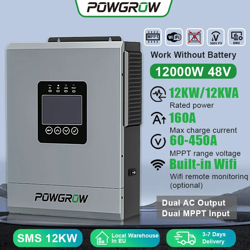 POWGROW Hybride Solar Inverter 12KW 6.5KW 5KW 3.6KW Dubbele Uitgang MPPT 220V 24V 48V Max PV Ingang 500V Solar Charger 160A Met BMS