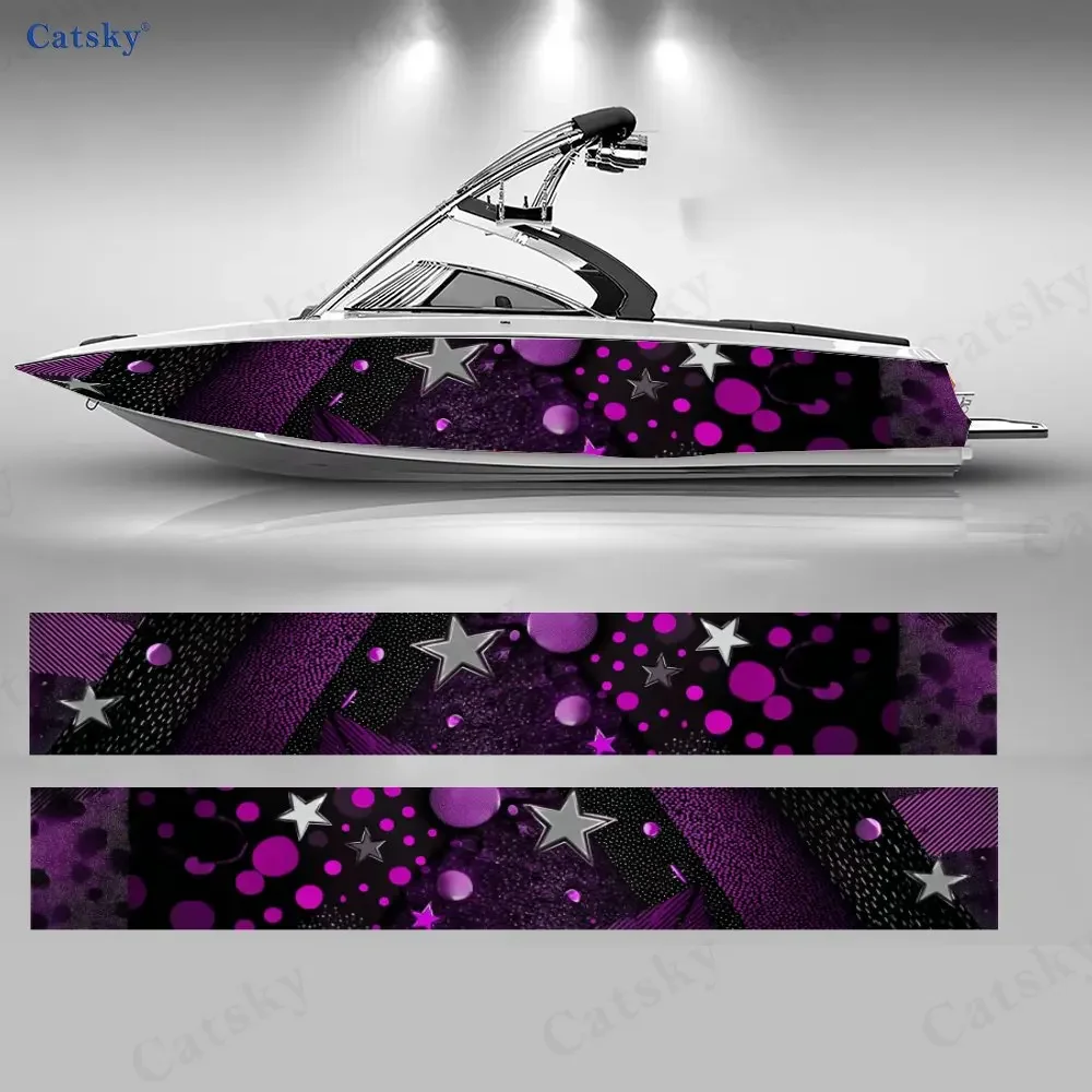 2Pcs Purple Stars & Dots Party Boat Stickers, PVC Waterproof Vinyl Wrap Decals for Fishing Boats, Durable and Stylish Design