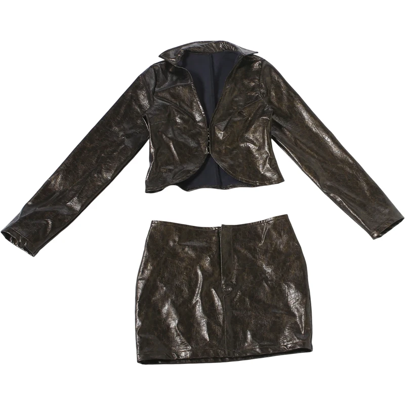 Weird Push Hottie Leder 2-teiliges Set Damenmode Einreihige Jacke mit tiefem Ausschnitt und langen Ärmeln + Mini-Pfirsich-Hüftrock Streetwear – Detail 3