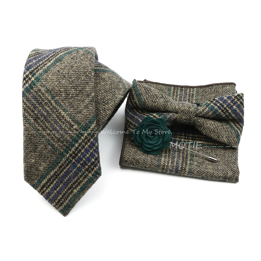 Men's Fashion Brown Plaid Striped Wool Tie Handkerchief Bowtie Brooch Set For Man Business Wedding Party Shirt Accessories Gifts