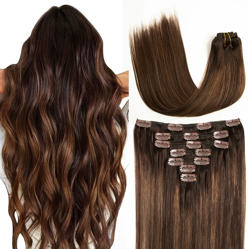 T2P2-6 리얼 내추럴 헤어 익스텐션 발레아쥬 브라운 클립인 인모 큐티클 레미 퀄리티 실크&소프트 120G 7피스 클립온 헤어피스