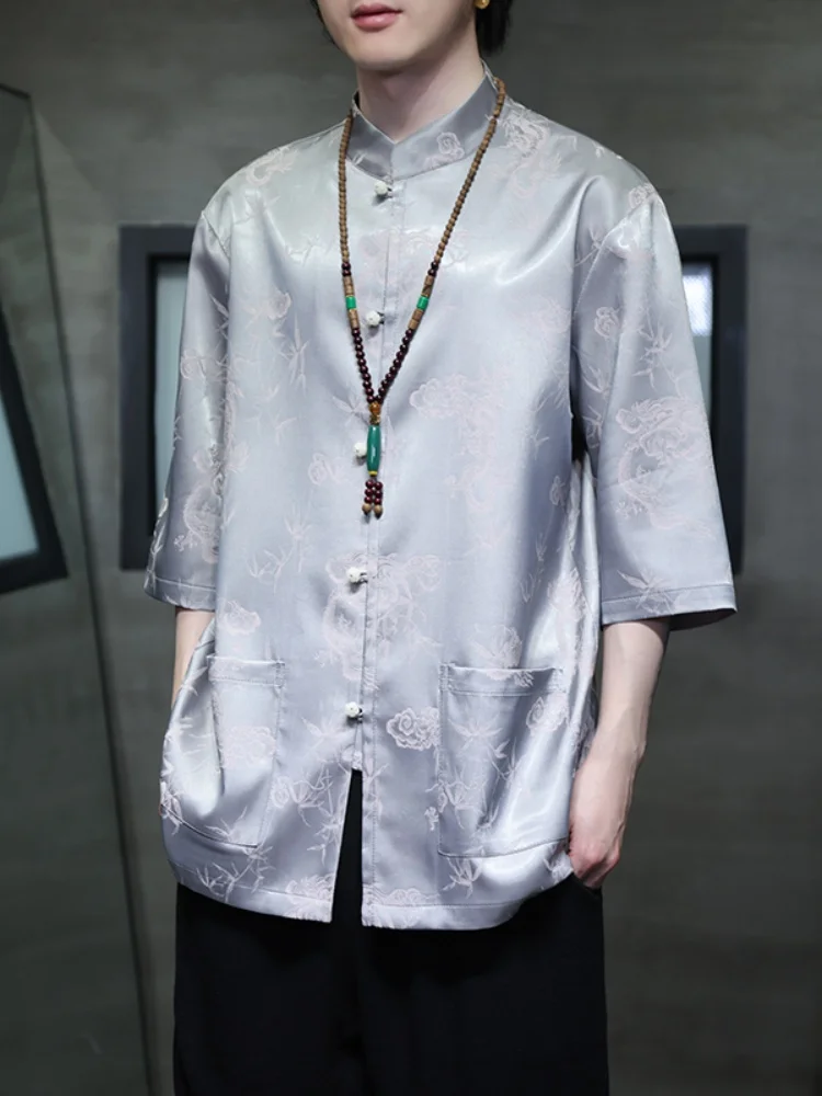 

Мужская рубашка из ледяного шелка с коротким рукавом, в стиле Тан, летняя, охлаждающая, в новом китайском стиле, свободного кроя, на пуговицах, из хлопка