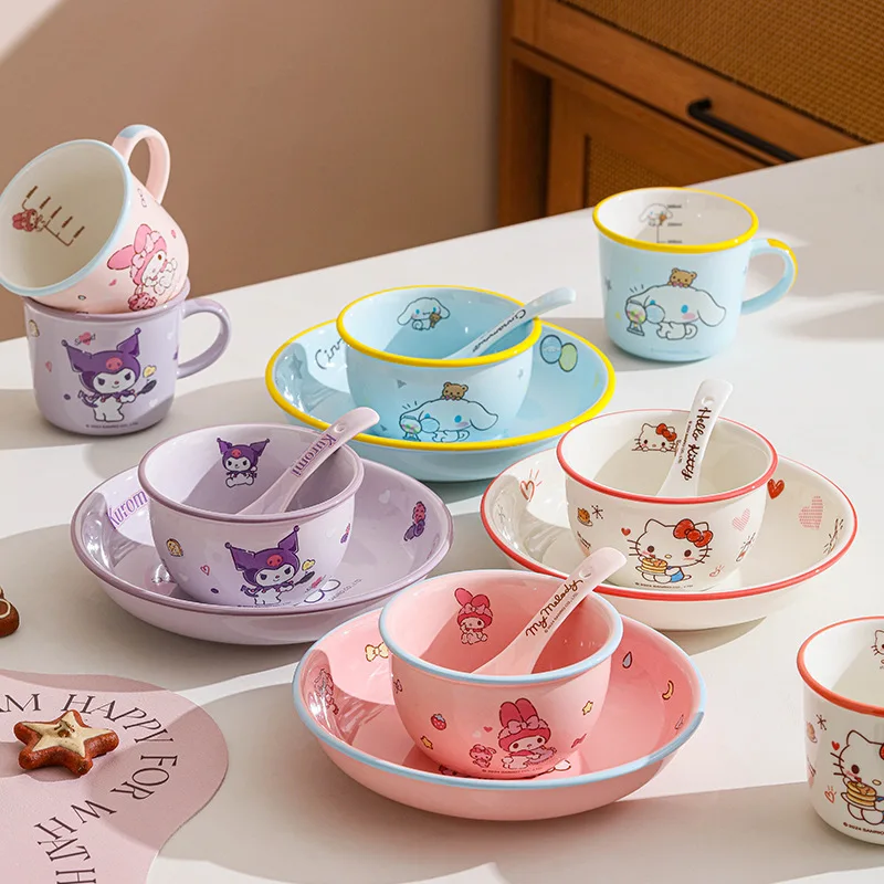 

Cute Hello Kitty Kuromi Ceramic tableware set Children's tableware ceramic bowls, plates, spoons and cups set.Adult tableware