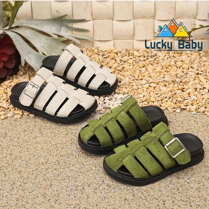 

Kids Flat Shoes Slip on Child Girls Slippers Round Toes Thin Band Cross Sandals 2025 Children Barefoot Beach Shoe for 26-36