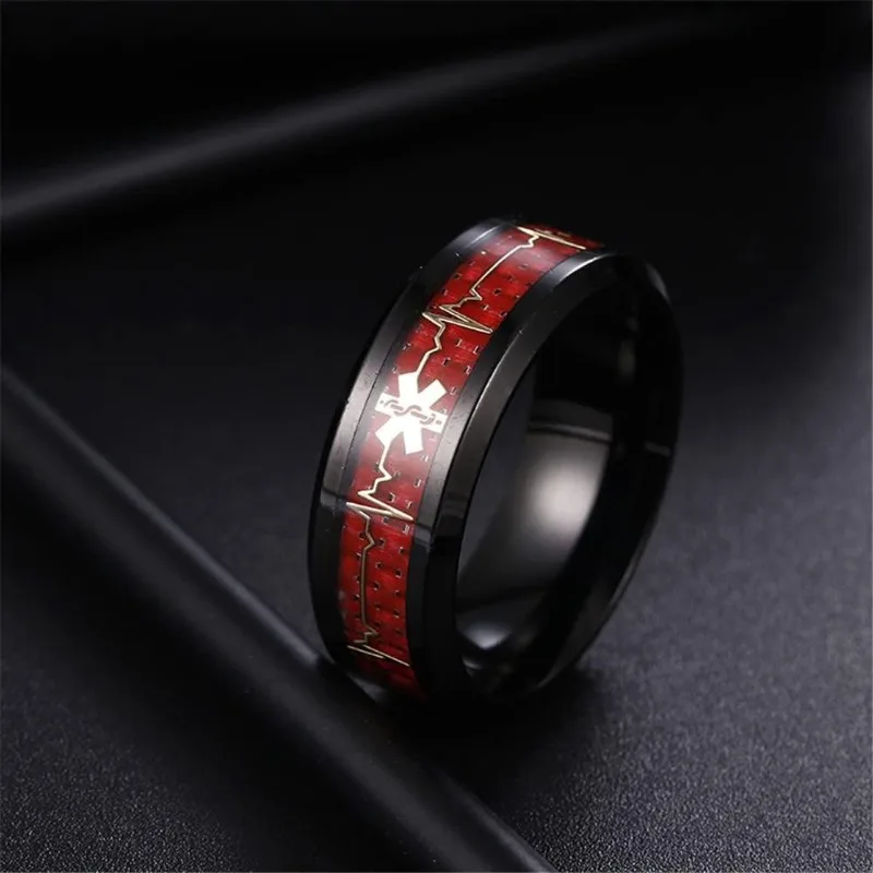 Red Carbon Fiber Medical Logo Ring Men's and Women's Stainless Steel Health Emergency Rescue Rings Jewelry
