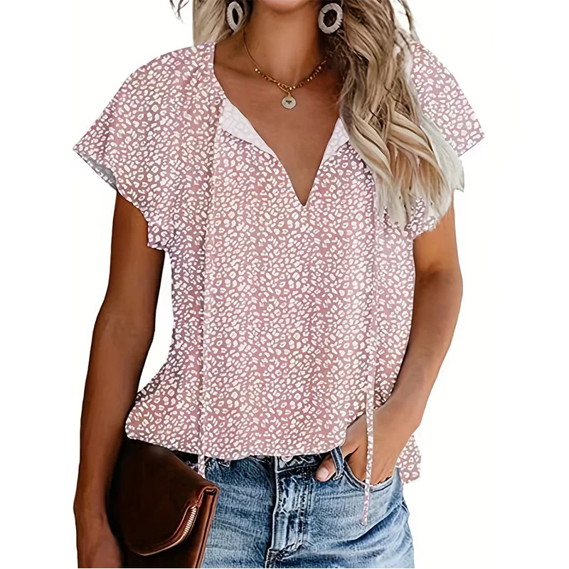 Plus-Size Floral Print V-Neck Ruffled Short-Sleeve Shirt Women's Drawstring Summer Casual Top for Everyday Wear