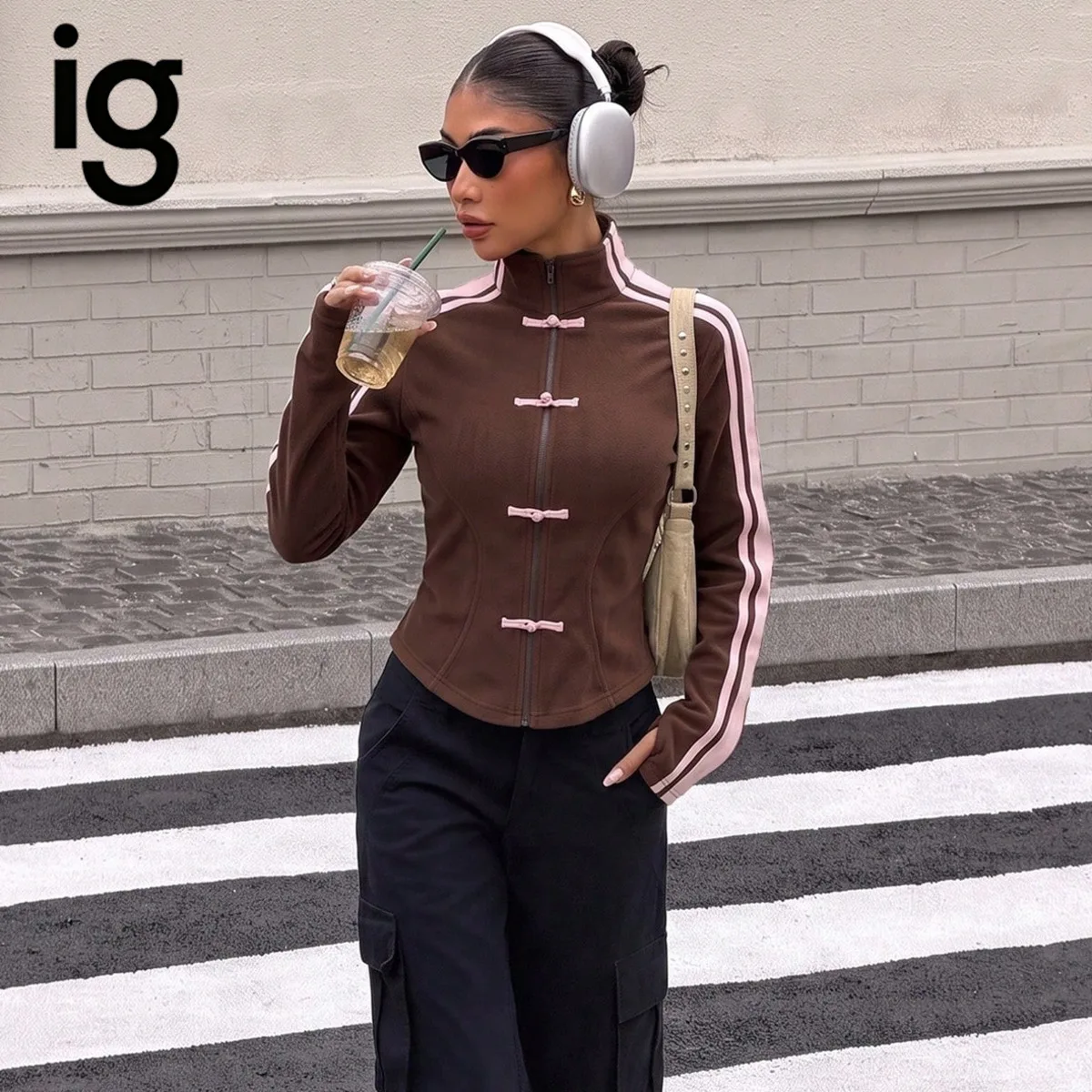 IG Women Stand Collar Zip‑Up Jacket, Frog Button Decor Striped Long Sleeve Slim Cropped Top Thumb Hole Design Casual  Outerwear