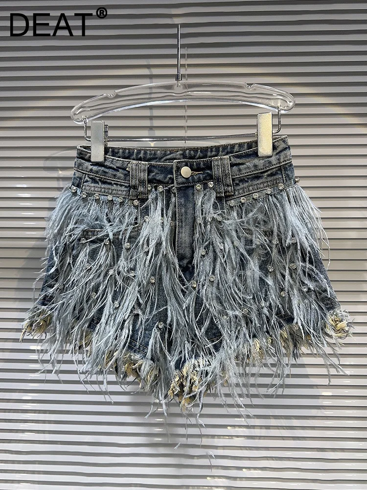 

DEAT Streetwear Fashion Diamond Beads Feather Tassels Denim Shorts For Women High Waist Short Pants 2023 Female Autumn 11XX5620