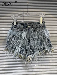 DEAT Streetwear Fashion Diamond Beads Feather Tassels Denim Shorts For Women High Waist Short Pants 2023 Female Autumn 11XX5620