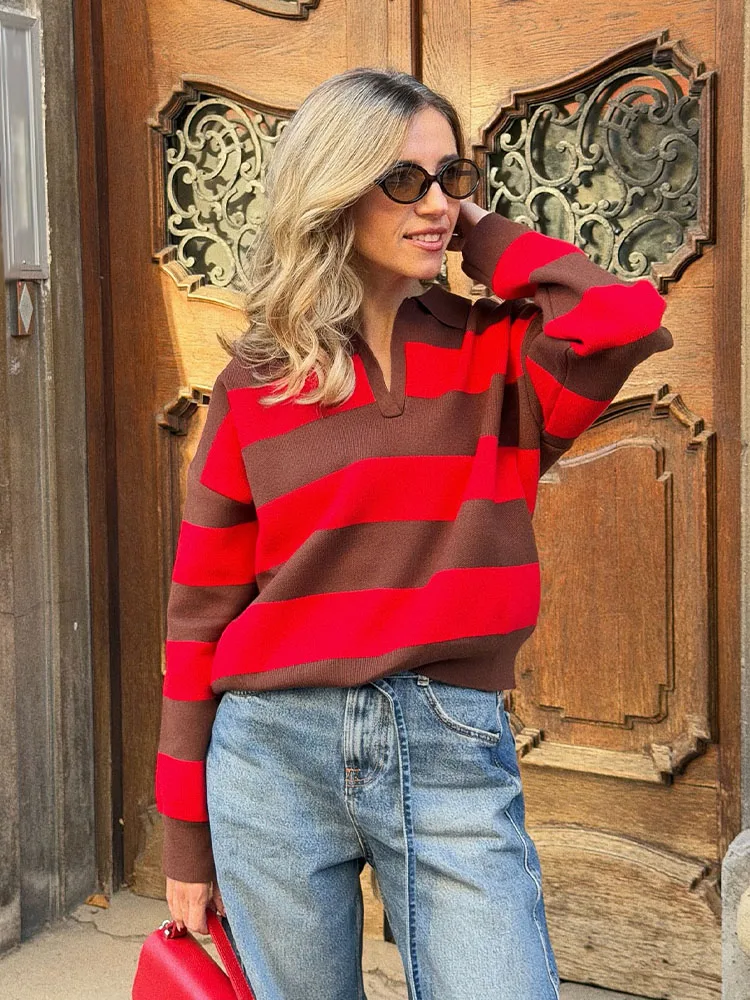 เสื้อสเวตเตอร์ถักลายทาง คอโปโล 2 สี สไตล์ลำลองหลวมๆ สำหรับผู้หญิง แฟชั่นสตรีทแวร์ แขนยาวทรงเข้ารูป สำหรับฤดูใบไม้ร่วง