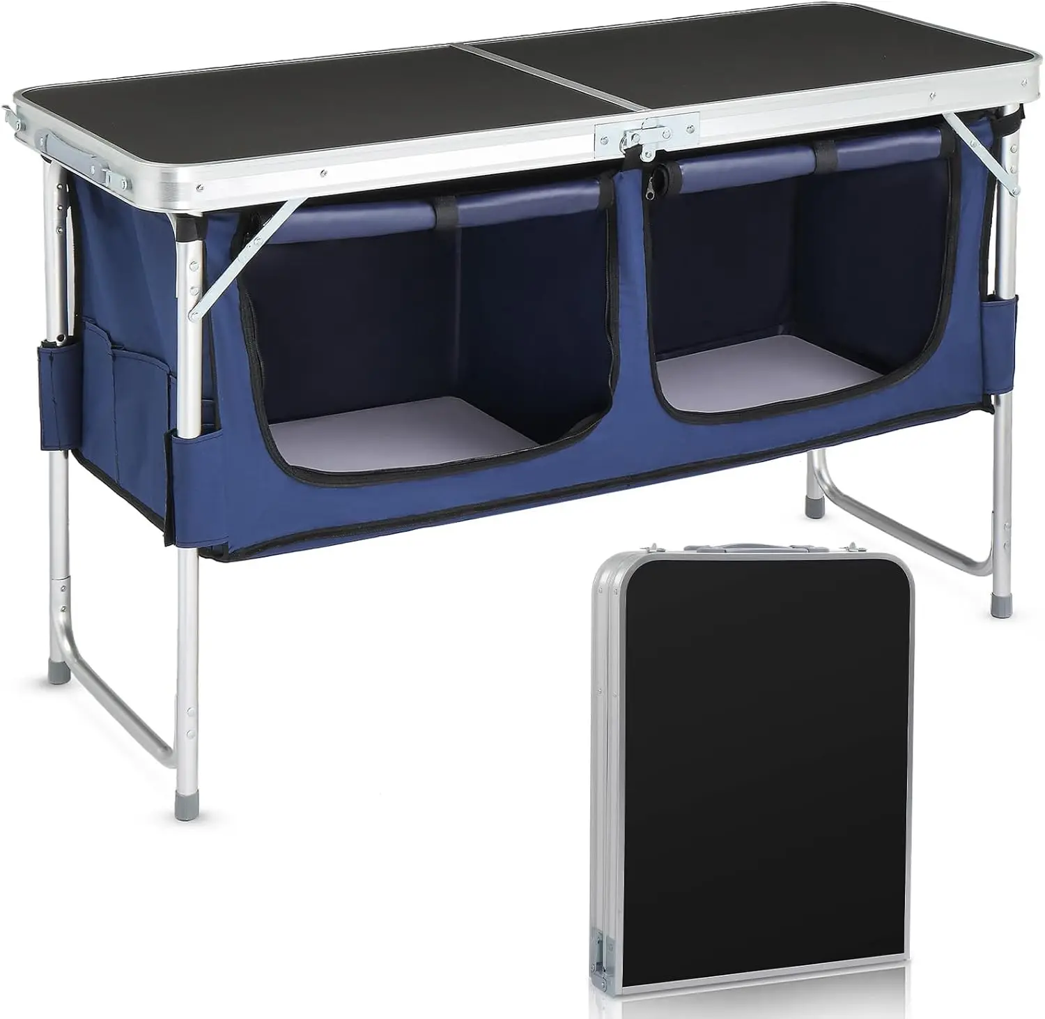 

4 Ft Folding Camping Table with Storage Aluminum Picnic Table Adjustable Height for Outdoor Beach BBQ Backyards Travel Party Bla