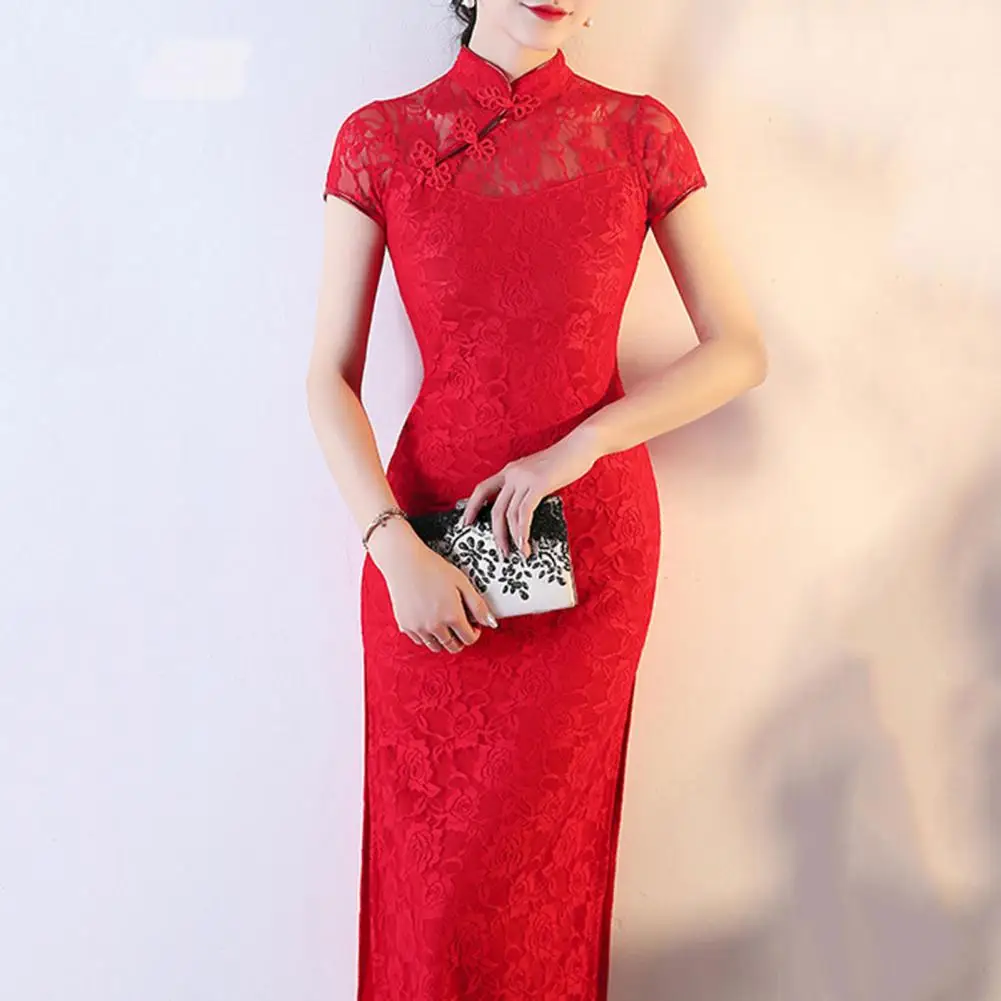 

Elegant Brocade Satin Long Fork Cheongsam Chinese Classic Women's Qipao Short Sleeve Sexy Wedding Evening Party Dress Chinese